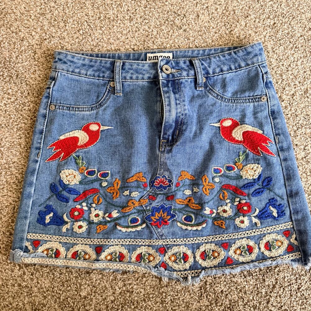 Umgee S Skirt Blue Jean Denim Embroidered Red Birds Floral Cotton Frayed Hem